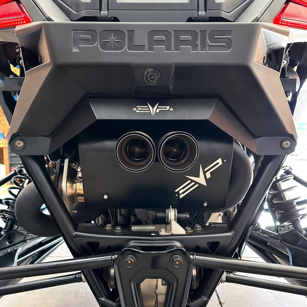 POLARIS RZR PRO R MAGNUM XR SERIES TWIN-EXIT EXHAUST-Exhaust-EVP-Brushed Stainless Finish-Brushed Stainless Twin Tip-Black Heatshield w/ Orange Accent-Black Market UTV