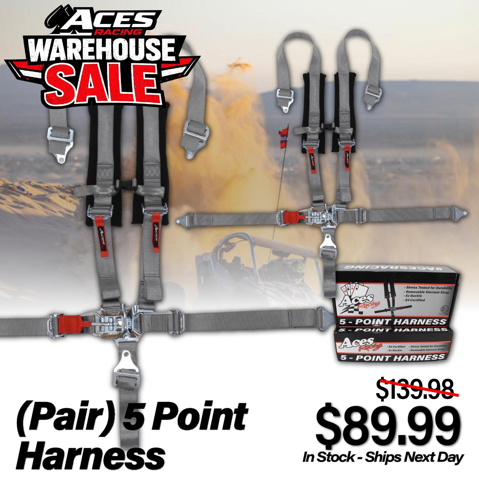 (Pair) 5 Point Harness - 2 Inch Webbing-Harnesses-Aces Racing-Silver-Black Market UTV