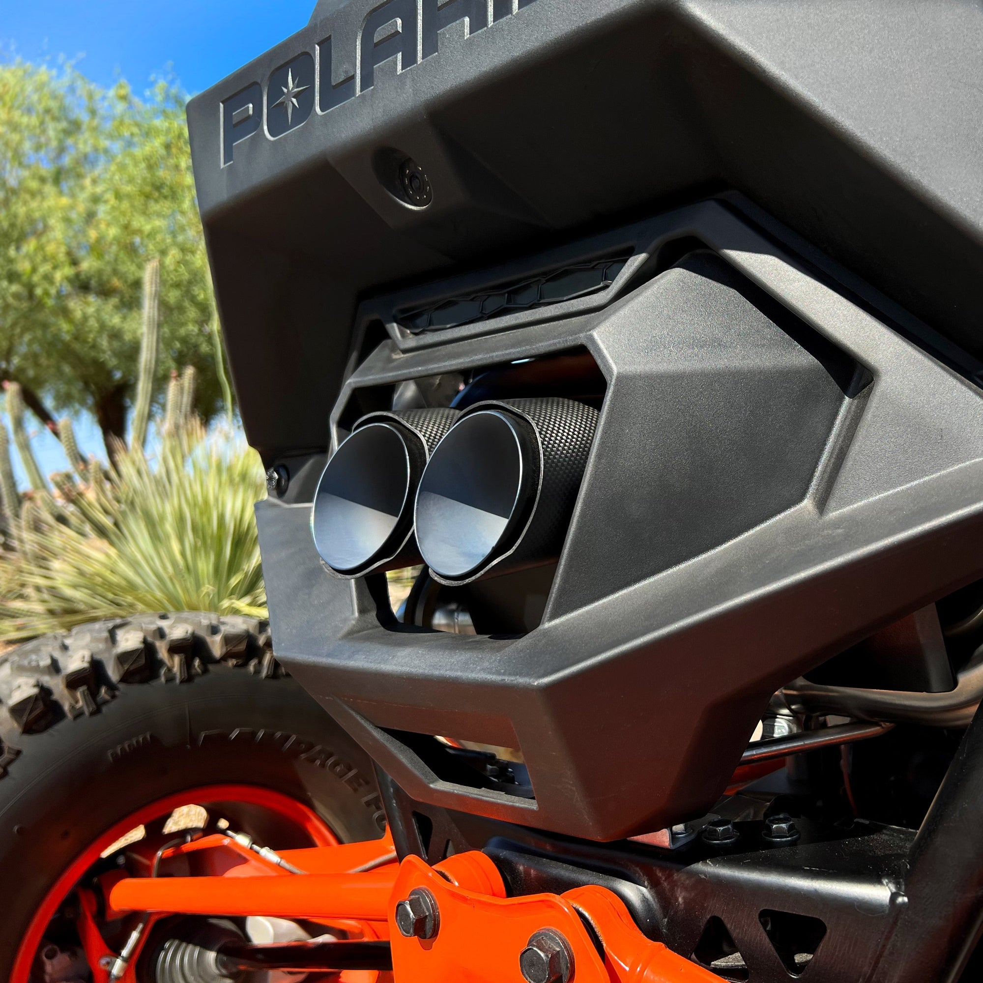 Polaris RZR Pro R Magnum Twin-Exit Exhaust-Black Market UTV-Brushed Stainless Finish-Brushed Stainless Twin Tip-Black Heatshield w/ Orange Accent-Black Market UTV