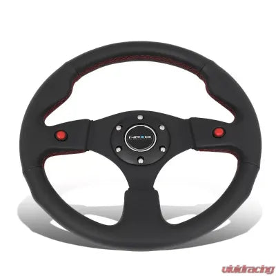 NRG Reinforced Sport Steering Wheel 320mm Dual Button Black Spoke Black Leather-Steering Wheel-NRG-Black Market UTV