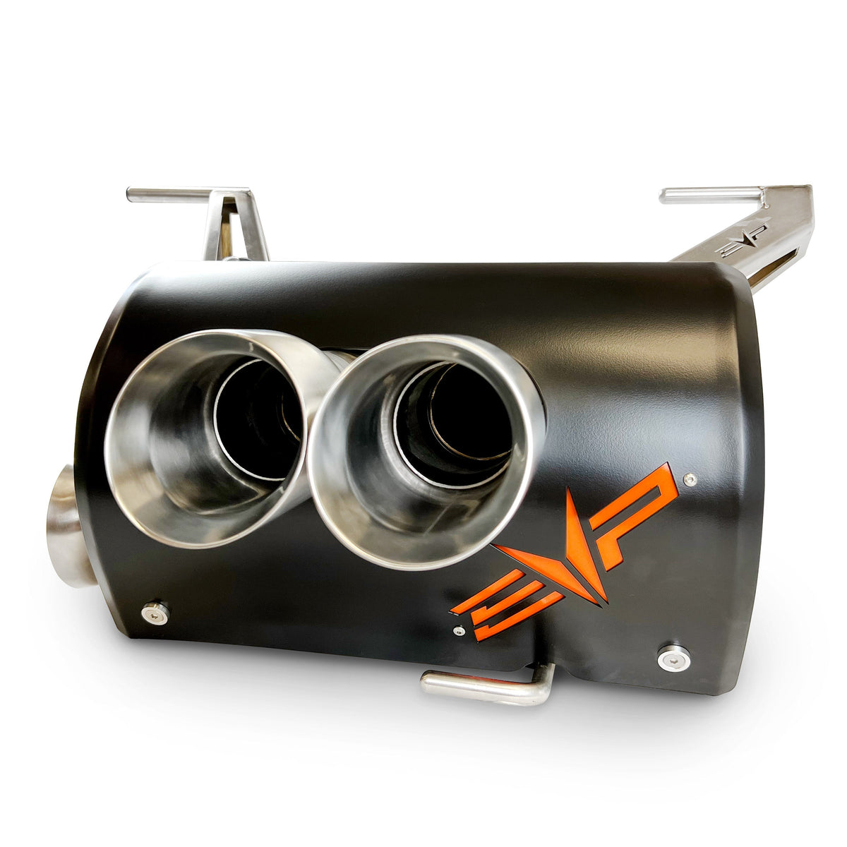 Polaris RZR Pro R Magnum Twin-Exit Exhaust-Black Market UTV-Brushed Stainless Finish-Brushed Stainless Twin Tip-Black Heatshield w/ Orange Accent-Black Market UTV